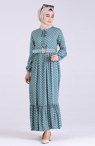 Elastic Sleeve Polka Dot Dress 4554-03 Sea Green 4554-03