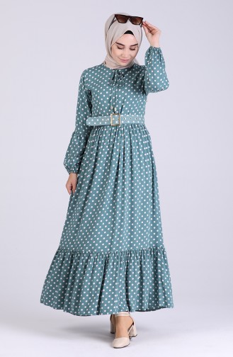 Elastic Sleeve Polka Dot Dress 4554-03 Sea Green 4554-03