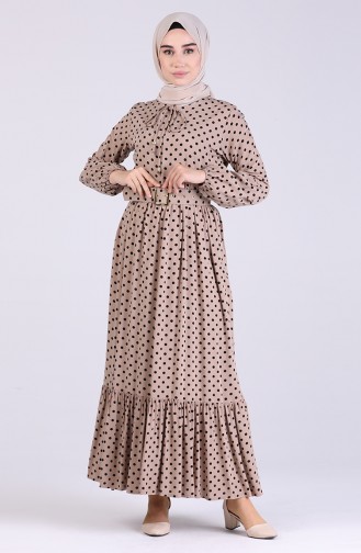 Elastic Sleeve Polka Dot Dress 4554-05 Beige 4554-05