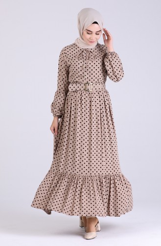 Elastic Sleeve Polka Dot Dress 4554-05 Beige 4554-05