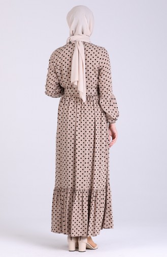 Elastic Sleeve Polka Dot Dress 4554-05 Beige 4554-05