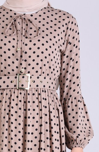 Elastic Sleeve Polka Dot Dress 4554-05 Beige 4554-05