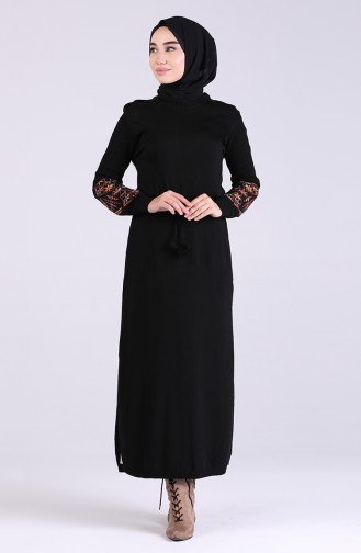 Nakışlı Triko Elbise 7522-04 Siyah