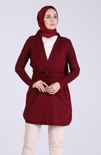 Triko Kuşaklı Hırka 4287-03 Bordo