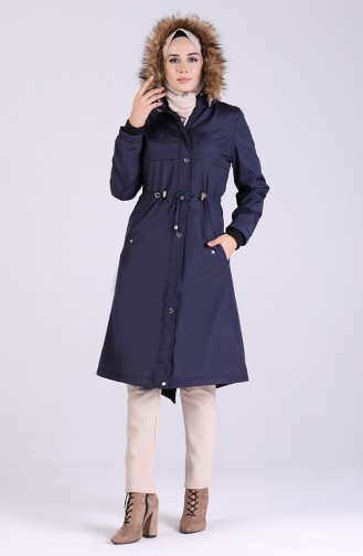 Shirred Waist Fur Coat 9050-04 Navy Blue 9050-04