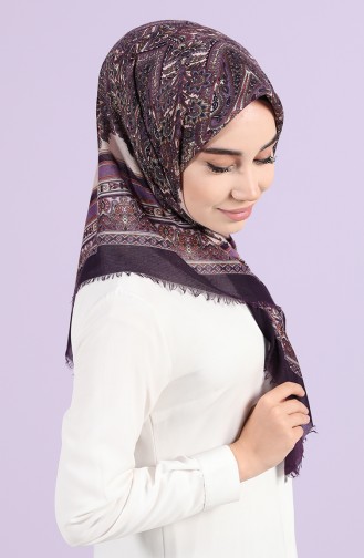 Desenli Çekme Koton Eşarp 2637-01 Koyu Mor Lila