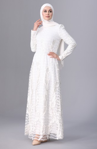 Sequin Embroidered Evening Dress 7276-01 White 7276-01