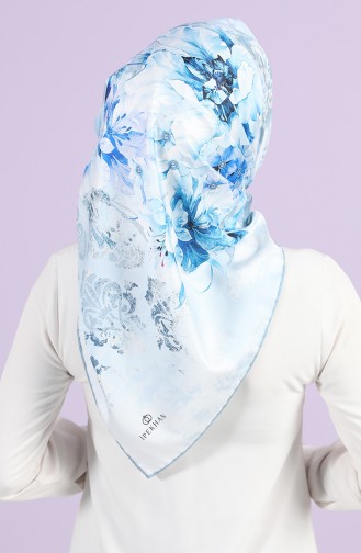 Çiçek Desenli Eşarp 10113-06 Mavi