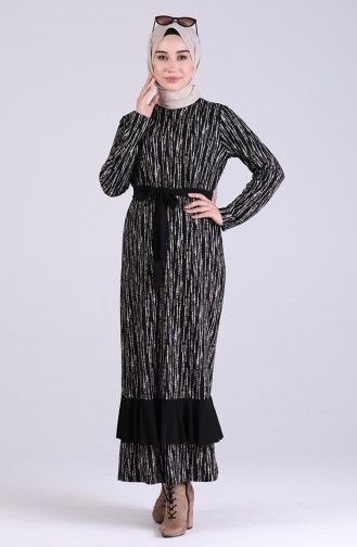 Desenli Kuşaklı Elbise 0051-01 Siyah