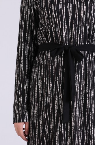 Desenli Kuşaklı Elbise 0051-01 Siyah