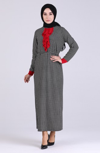 Kazayağı Desenli Elbise 0046-01 Siyah
