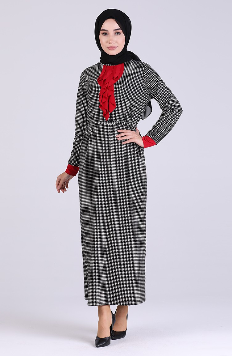 Kazayağı Desenli Elbise 0046-01 Siyah