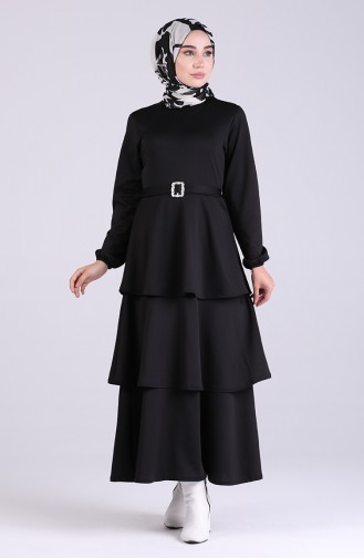 Broşlu Katkat Elbise 1004-01 Siyah