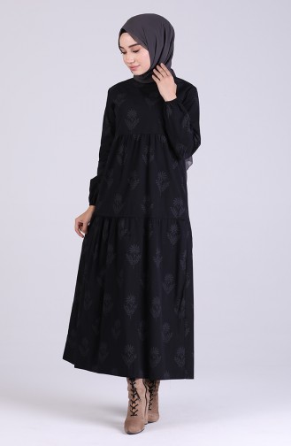 Elastic Sleeve Gathered Dress 1007-02 Black 1007-02