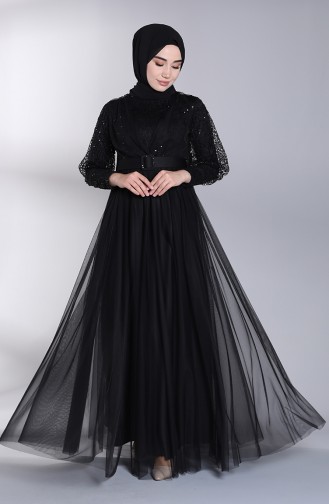 Sequined Tulle Evening Dress 5363-03 Black 5363-03