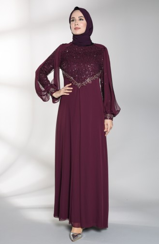 Sequin Detailed Evening Dress 52764-01 Damson 52764-01