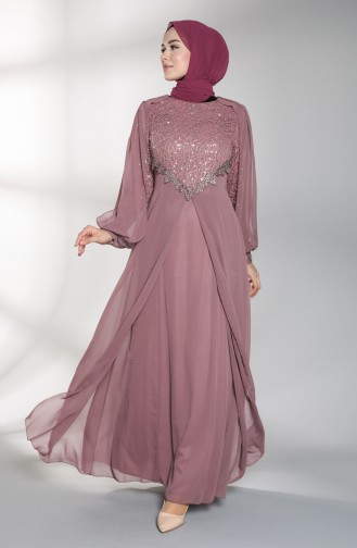 Sequin Detailed Evening Dress 52764-02 Dry Rose 52764-02