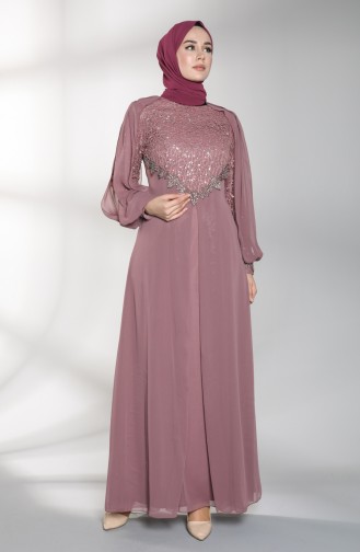 Sequin Detailed Evening Dress 52764-02 Dry Rose 52764-02