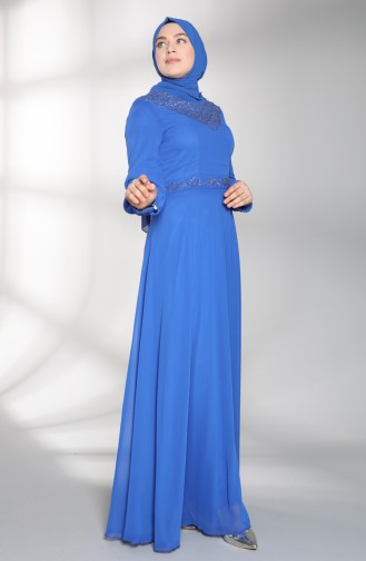 Plus Size Stone Printed Evening Dress 1555-07 Saxe Blue 1555-07