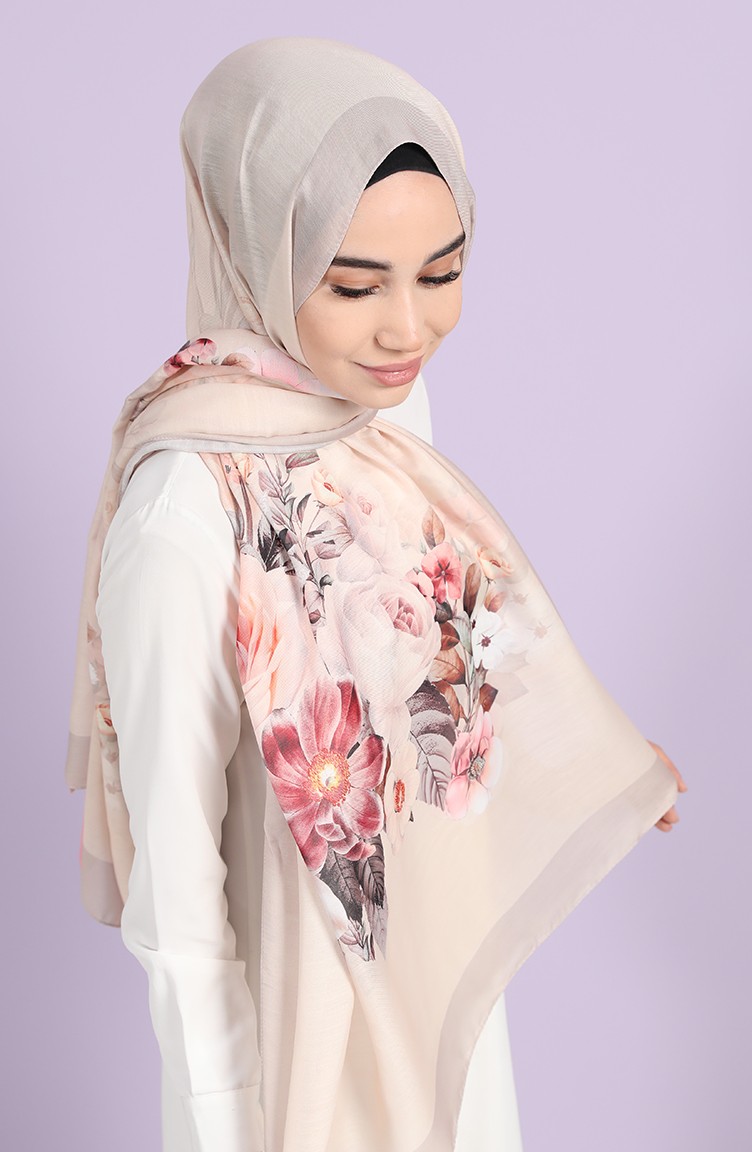 Floral Desen Şal 81006-11 Bej Kahverengi