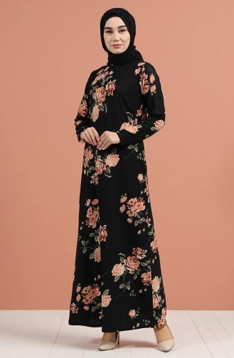 .Çiçek Desenli Elbise 8882-01 Siyah