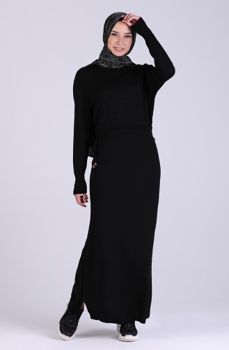 Triko Beli Büzgülü Elbise 5051-06 Siyah