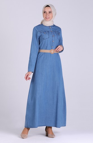 Düğmeli Kot Elbise 1029-02 Kot Mavi