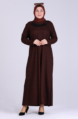 Büyük Beden Desenli Elbise 0401-01 Kahverengi