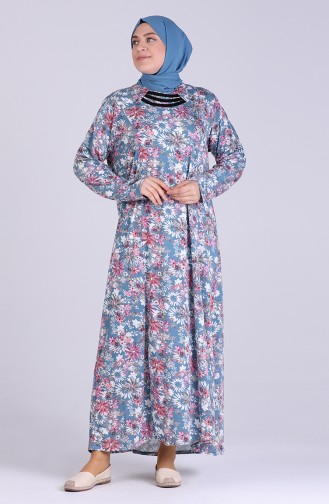 Büyük Beden Çiçek Desenli Elbise 0404-02 Petrol Mavisi