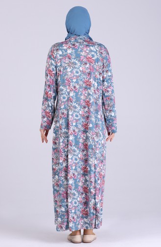 Büyük Beden Çiçek Desenli Elbise 0404-02 Petrol Mavisi