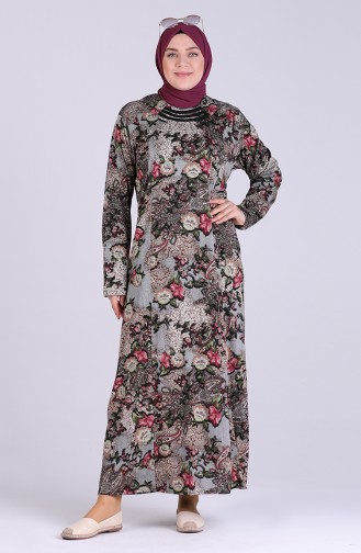 Plus Size Floral Print Dress 0407-01 Green Brown 0407-01