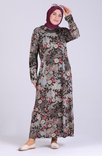 Plus Size Floral Print Dress 0407-01 Green Brown 0407-01