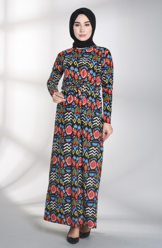 Patterned Belted Dress 1018-01 Saxe Blue 1018-01