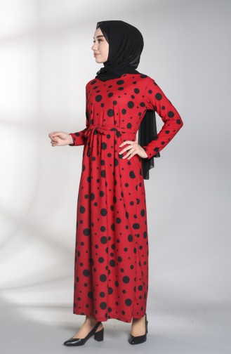 Polka Dot Belted Dress 1017-03 Burgundy 1017-03