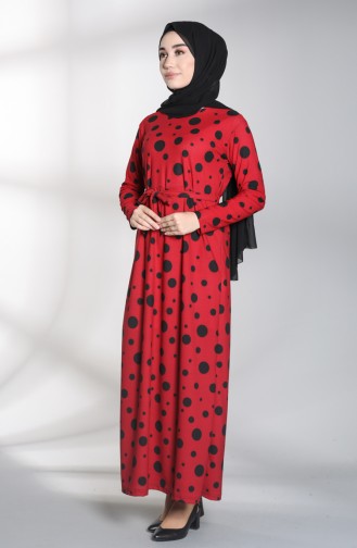 Polka Dot Belted Dress 1017-03 Burgundy 1017-03