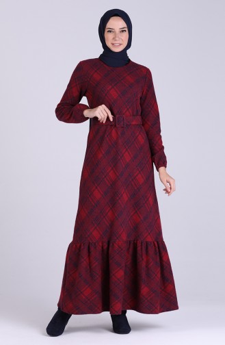 Ekose Desenli Kemerli Elbise 5536-04 Bordo