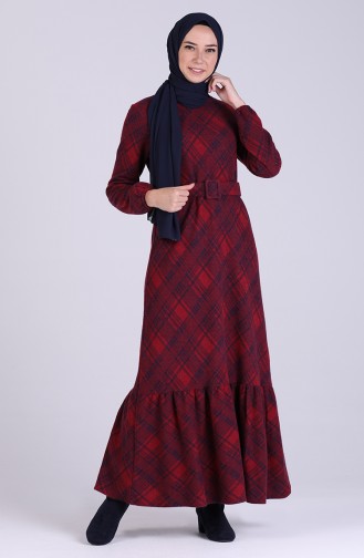 Plaid Belt Dress 5536-04 Burgundy 5536-04