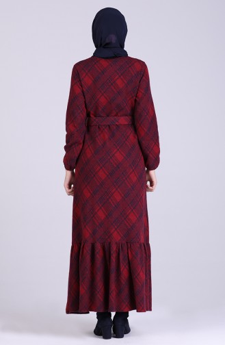 Plaid Belt Dress 5536-04 Burgundy 5536-04