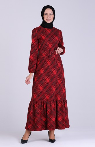 Ekose Desenli Kemerli Elbise 5536-05 Kırmızı