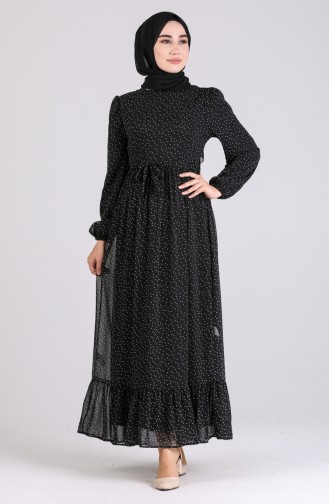 Puantiyeli Şifon Elbise 6088-03 Siyah