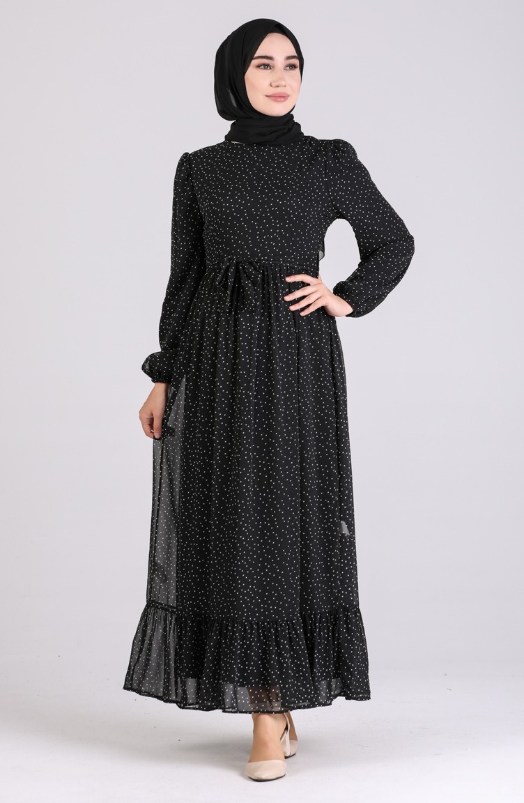 Puantiyeli Şifon Elbise 6088-03 Siyah