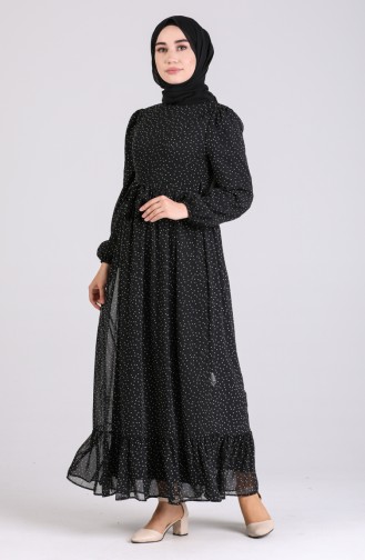 Puantiyeli Şifon Elbise 6088-03 Siyah