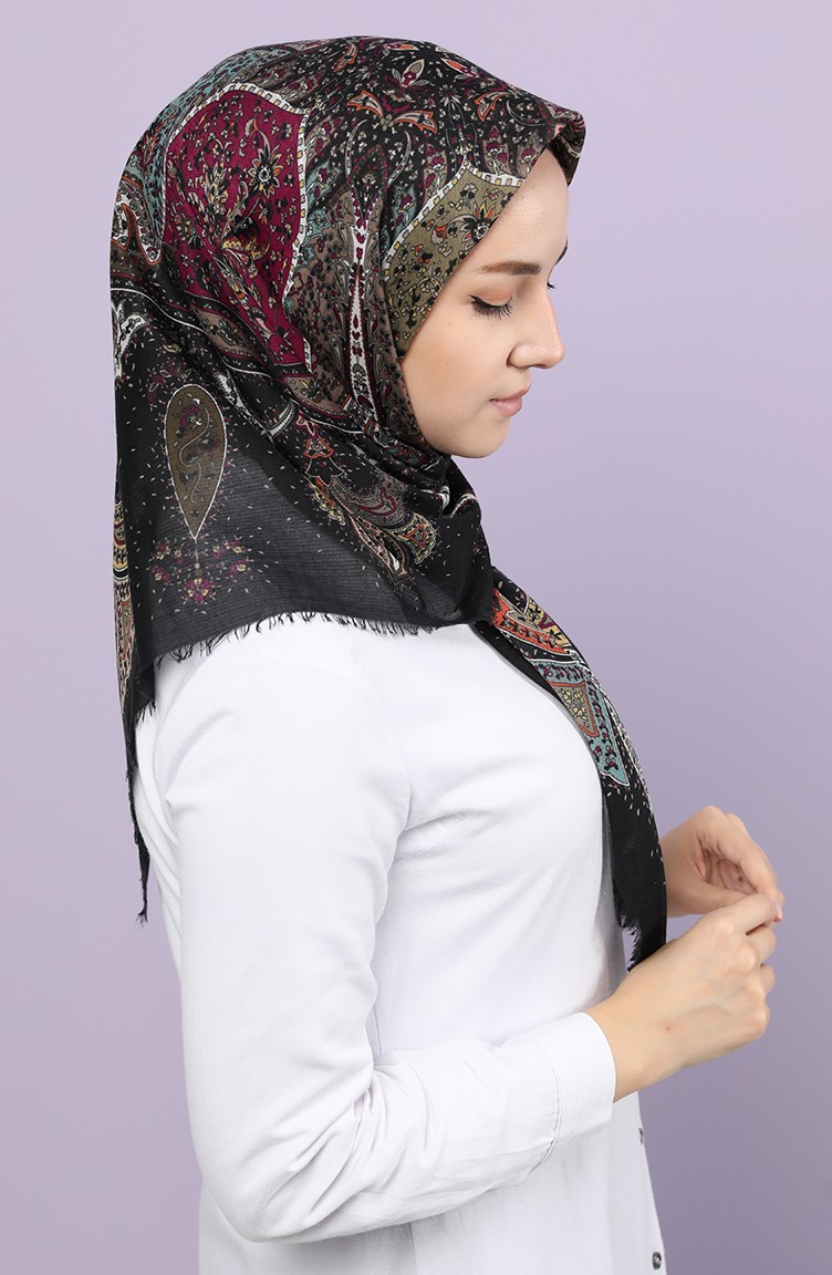 Etnik Desenli Çekme Cotton Eşarp 2648-20 Siyah
