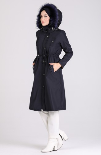 Fur Pocketed Coat 4055-06 Navy Blue 4055-06