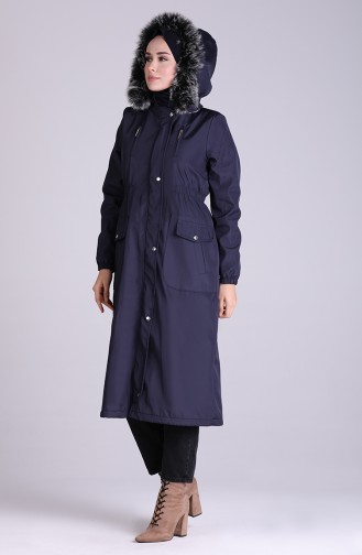 Fur Hooded Coat 9055-02 Navy Blue 9055-02