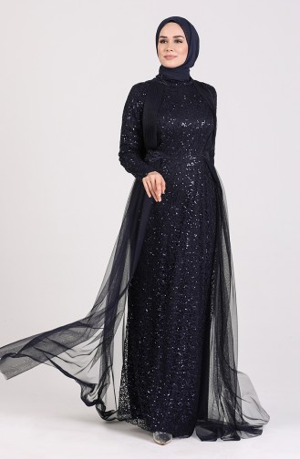 Silvery Evening Dress 5348-08 Navy Blue 5348-08