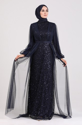 Sequined Belt Evening Dress 5383-07 Navy Blue 5383-07