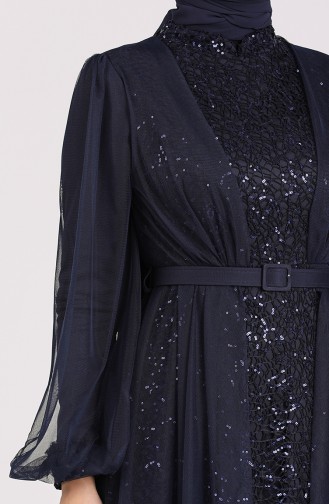 Sequined Belt Evening Dress 5383-07 Navy Blue 5383-07