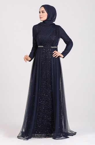 Sequined Tulle Evening Dress 5388-06 Navy Blue 5388-06