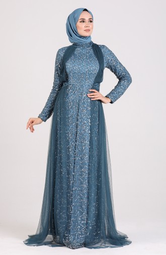 Petrol Hijab Evening Dress 5348-01